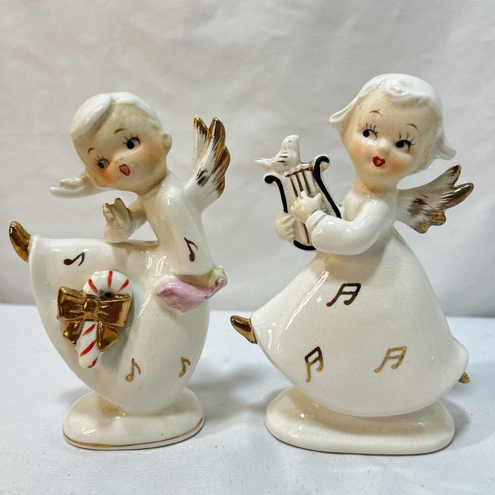 Vintage Set/2 Dancing Christmas Angels Gold Musical Note Dress Harp Candy Cane